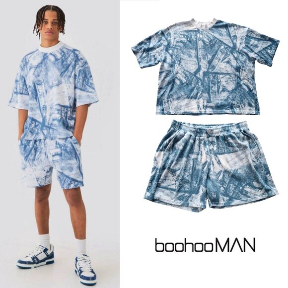 Boohooman Other - Oversized Boxy Denim Printed Waffle Tee Shirt & Shorts Set Track Suit Size XL